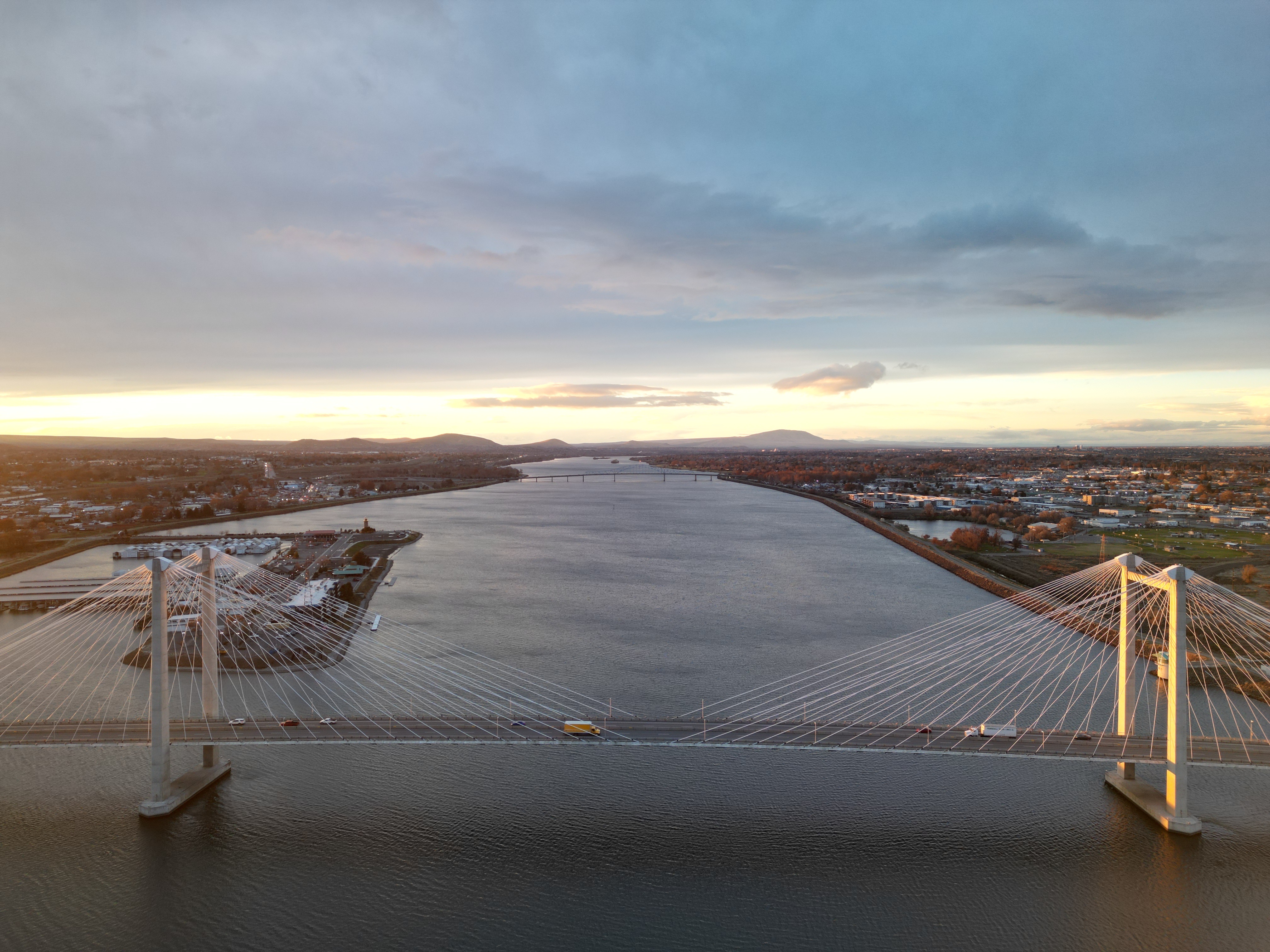 Tri-Cities cable-stay bridge at sunset