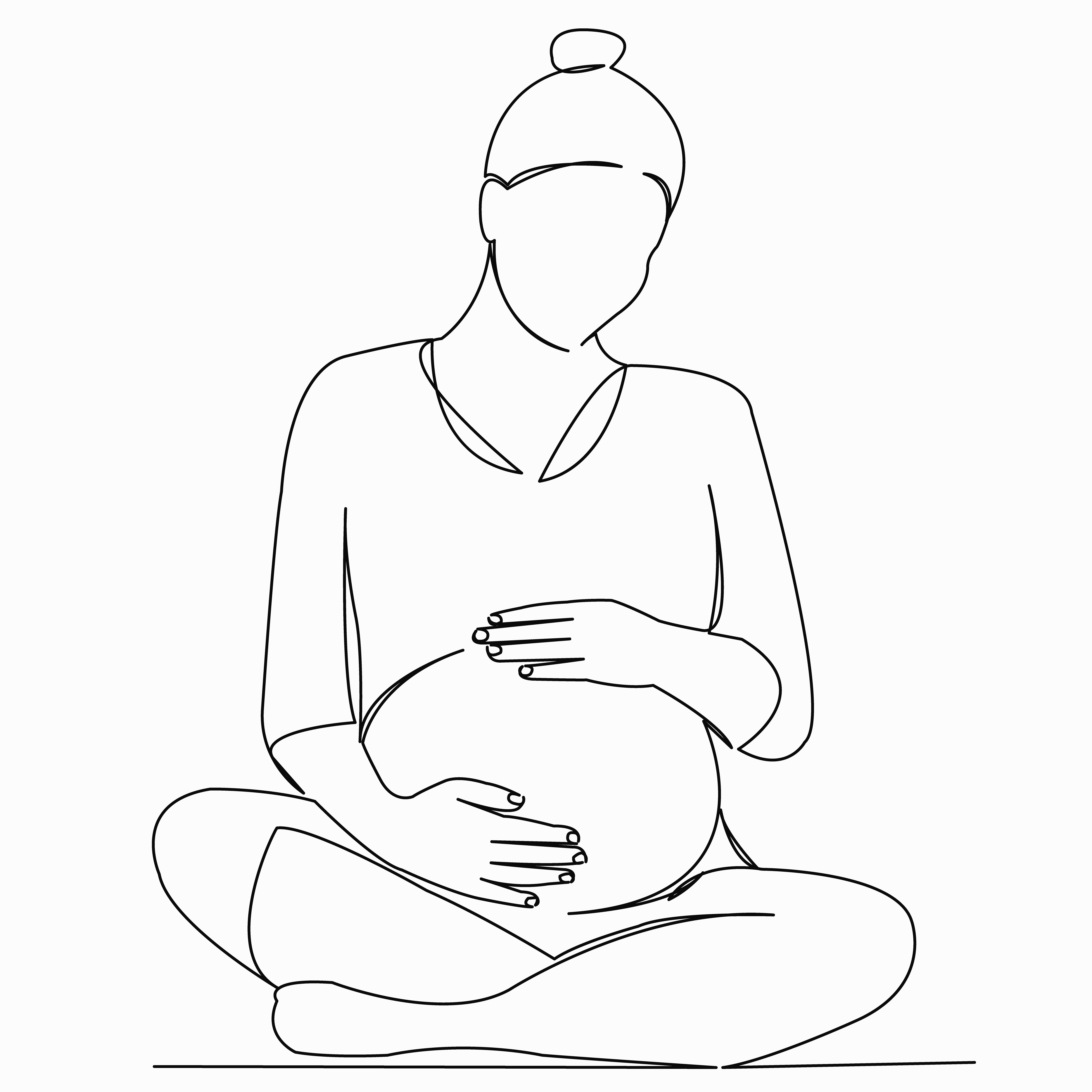 Line-art illustration of a seated pregnant woman cradling her belly